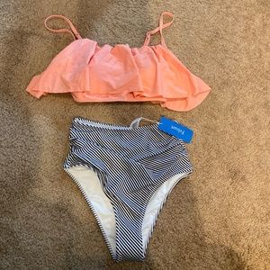 Womens XS bikini coral ruffle top black striped bottom NEw